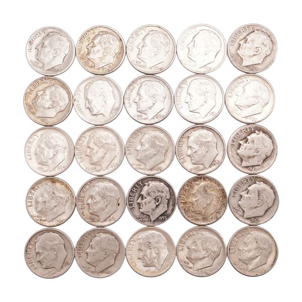Lot of 25 Loose Roosevelt 90% Silver Dimes, Circulated