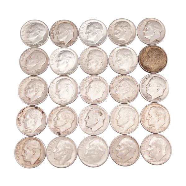 Lot of 25 Loose Roosevelt 90% Silver Dimes, Circulated