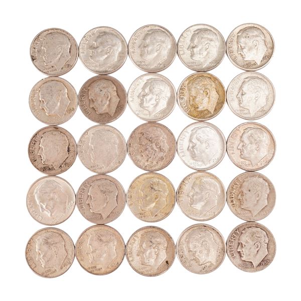 Lot of 25 Loose Roosevelt 90% Silver Dimes, Circulated
