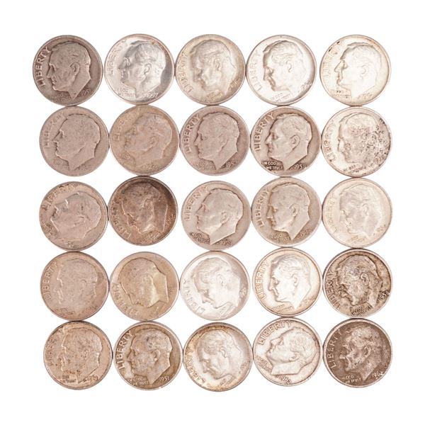 Lot of 25 Loose Roosevelt 90% Silver Dimes, Circulated