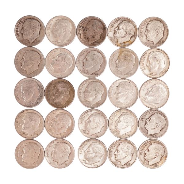 Lot of 25 Loose Roosevelt 90% Silver Dimes, Circulated
