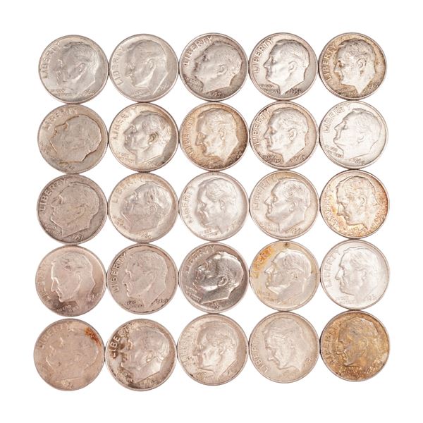 Lot of 25 Loose Roosevelt 90% Silver Dimes, Circulated