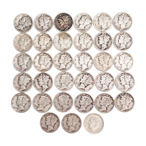 Lot of 33 U.S. Mercury (32) and Roosevelt (1) Dime 90% Silver Coin, Circulated