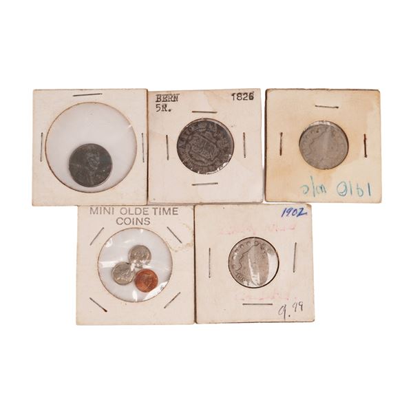 5pc 1826 Bern 5 Rappen, and 1902-1943 U.S. Liberty Nickels, Lincoln Wheat Penny & Mini Olde Time Coi