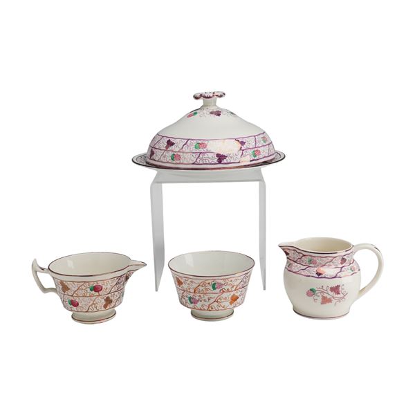 4pc Wedgwood Strawberry Lustre Open Sugar, Two Creamers, and Round Covered Butter Dish