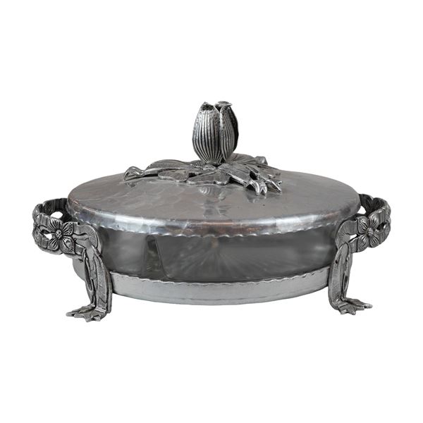 Aluminum and Glass Tripartite Relish Dish with Tulip Finial