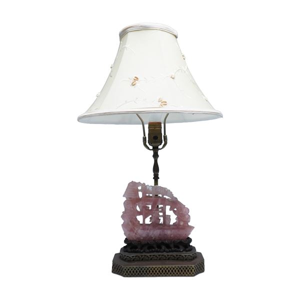 Carved Rose Quartz Ship Table Lamp and Shade