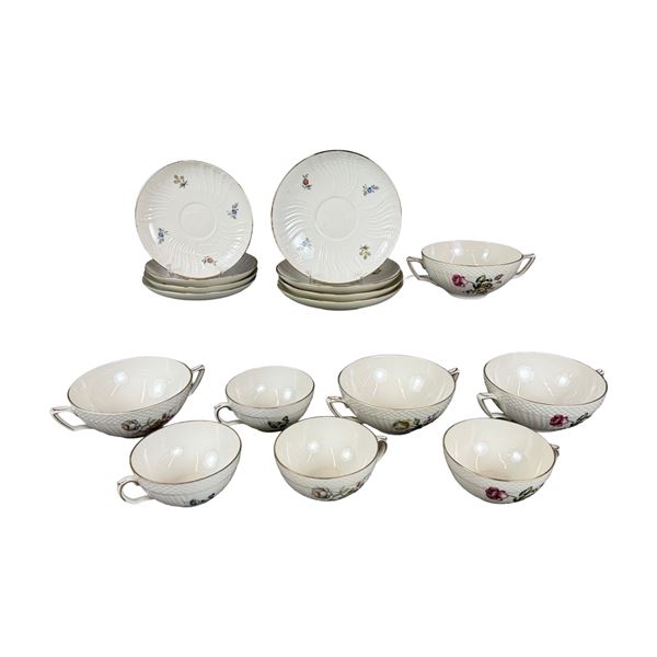 16pc Royal Copenhagen Porcelain Soup Bowls, Cups and Saucers with Frijsenborg Pattern