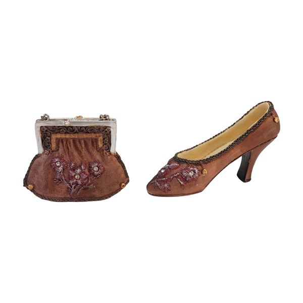 2pc Miniature High-Heeled Shoe and Matching Handbag Figurines