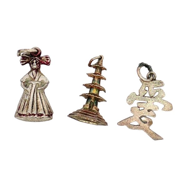 3pc Sterling Silver Chinese Character, Pagoda, and Kimono Charms