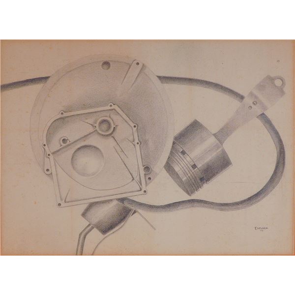 Diplock, Original Graphite Drawing on Paper, Industrial Precision, Signed