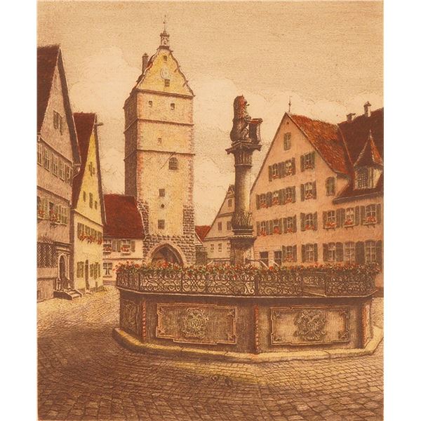 Hand-Colored Engraving, Street View from Dinkelsbuhl, Signed