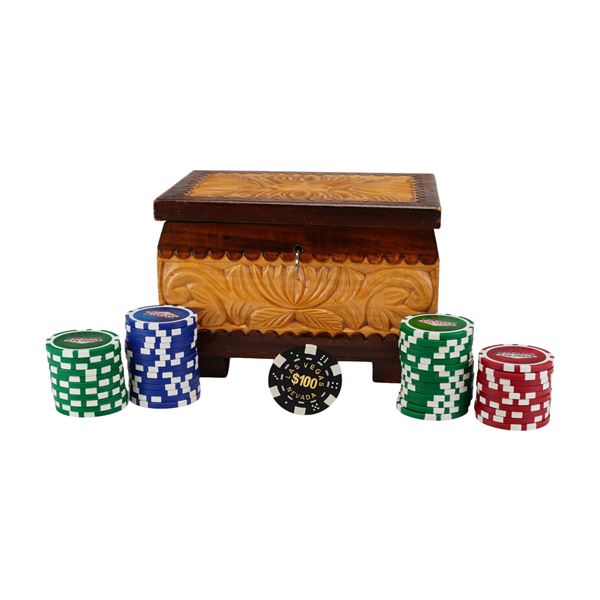 Las Vegas Souvenir Poker Set, Hand-Carved Wooden Chest, Late 20th Century