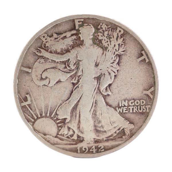 1942 U.S. Walking Liberty Half Dollar 90% Silver Coin, Circulated
