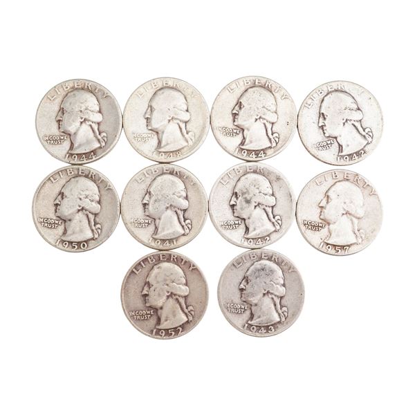 Lot of 10 U.S. Washington Silver Quarter 90% Silver Coin, Circulated