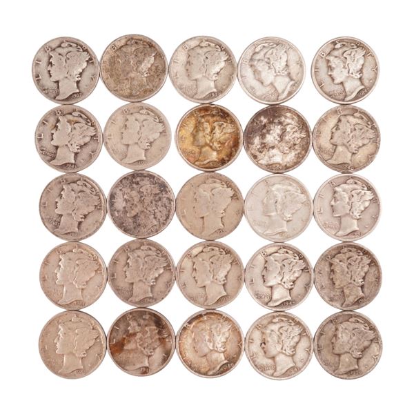 Lot of 25 Loose Mercury 90% Silver Dimes, Circulated