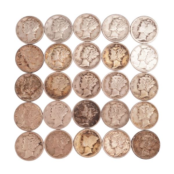 Lot of 25 Loose Mercury 90% Silver Dimes, Circulated