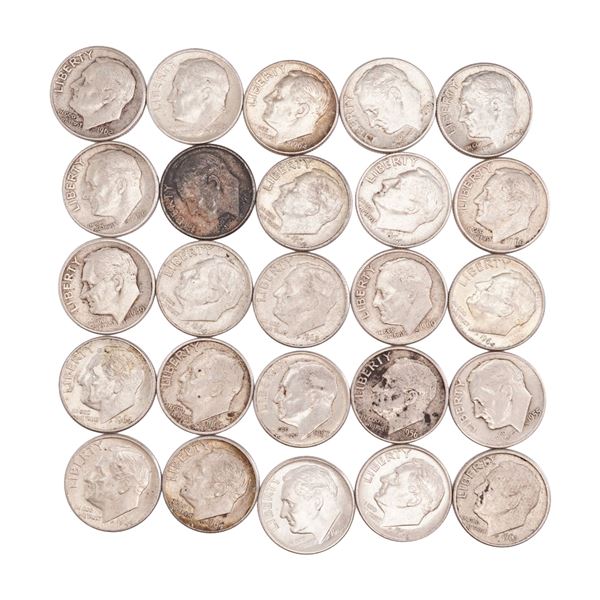 Lot of 25 Loose Roosevelt 90% Silver Dimes, Circulated