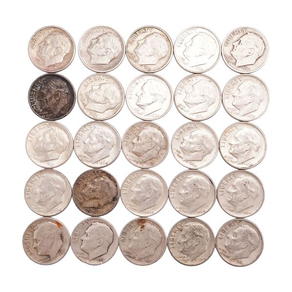 Lot of 25 Loose Roosevelt 90% Silver Dimes, Circulated