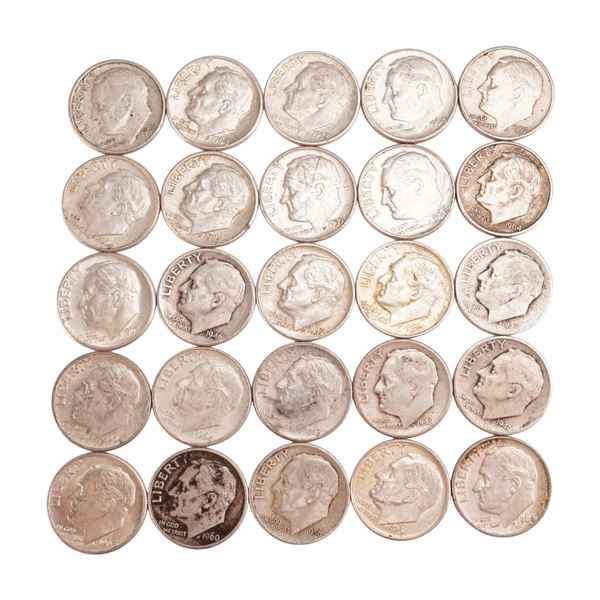 Lot of 25 Loose Roosevelt 90% Silver Dimes, Circulated