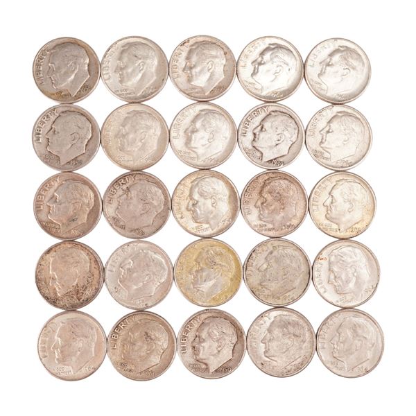 Lot of 25 Loose Roosevelt 90% Silver Dimes, Circulated