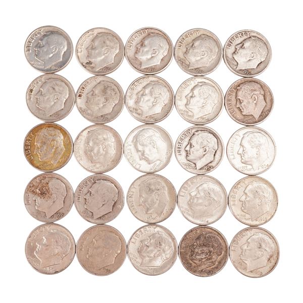Lot of 25 Loose Roosevelt 90% Silver Dimes, Circulated
