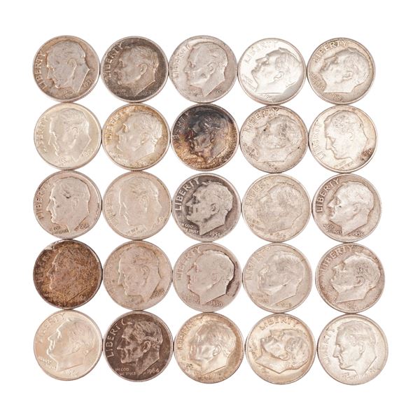 Lot of 25 Loose Roosevelt 90% Silver Dimes, Circulated