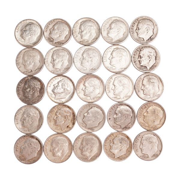 Lot of 25 Loose Roosevelt 90% Silver Dimes, Circulated
