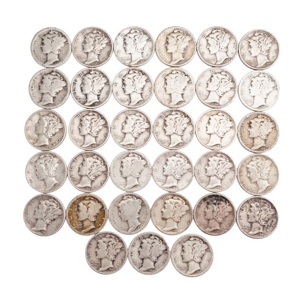 Lot of 33 U.S. Mercury Dime 90% Silver Coin, Circulated