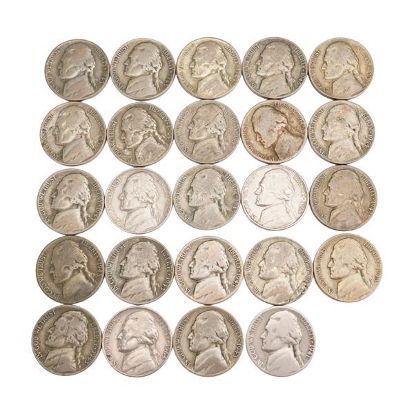 Lot of 24 Jefferson Wartime Nickel .350 Silver Coin, Circulated