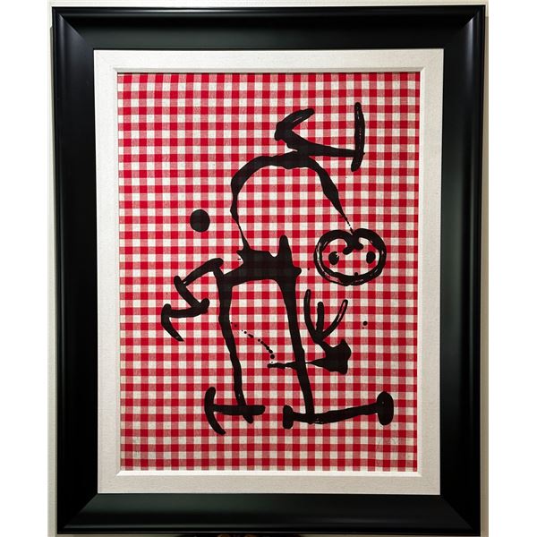 Joan Miro (Spanish 1893-1983) Color Lithograph on red and white cloth on Mandeure Chiffon mounted on