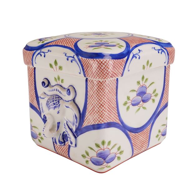 Tiffany and Co. Private Stock Hand Painted Porcelain Lidded Box with Elephant Handles