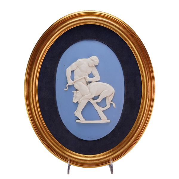 Wedgwood Blue and White Jasperware Oval Plaque Framed, Hercules and Cerberus