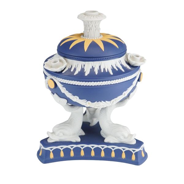 Wedgwood Blue Jasperware Dolphin Tripod Lidded Pastille Burner