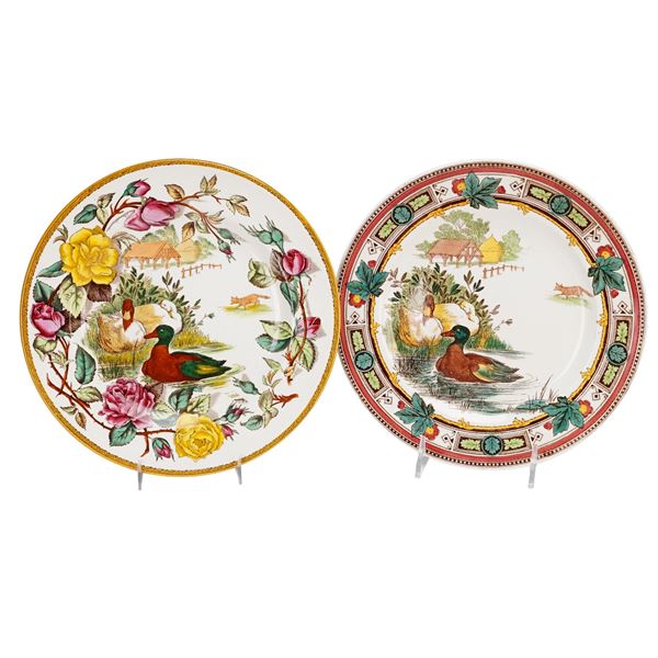 A Pair of Wedgwood Etruria England Tea Rose and Geometric Border Transferware Plates