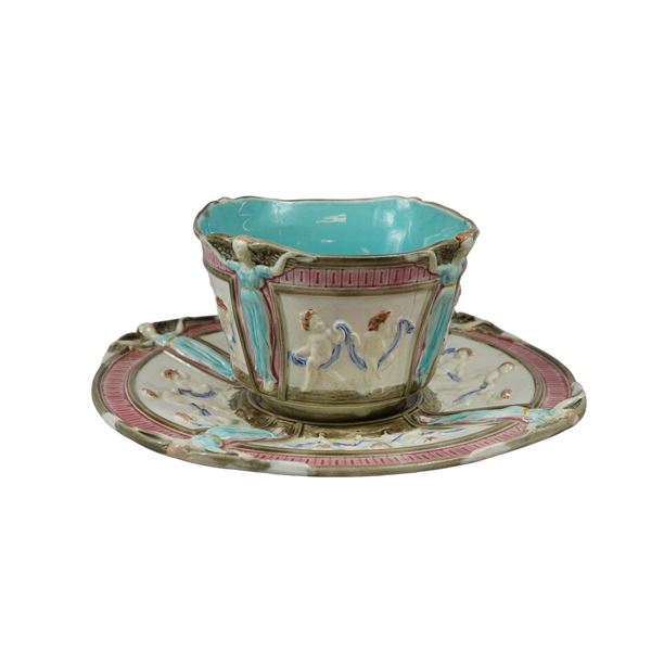 Wedgwood Majolica Neoclassical Relief Molded Cup and Saucer