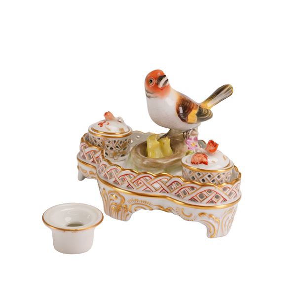 Herend Hand-Painted Porcelain Figural Inkstand with Bird Motif