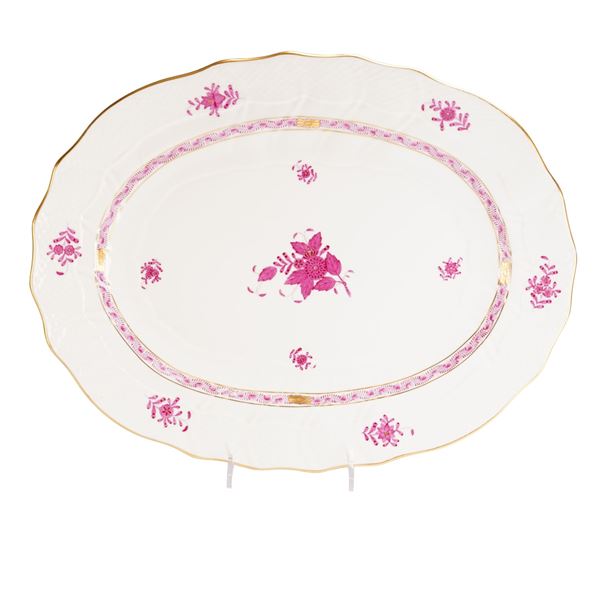 Herend Hand-Painted Porcelain Oval Serving Platter in Chinese Bouquet Raspberry