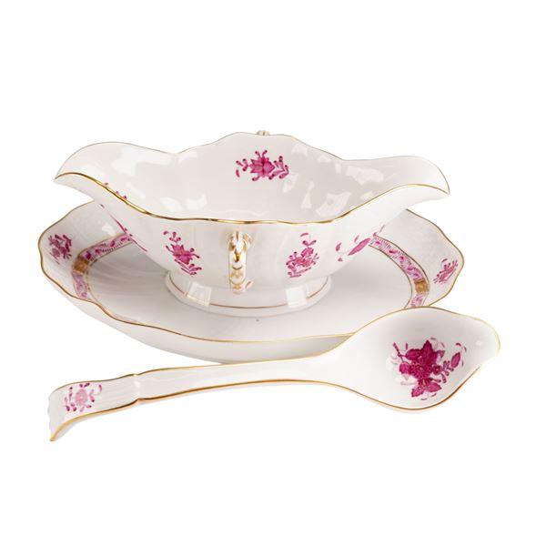 2pc Herend Apponyi Pink Hand-Painted Porcelain Sauce Boat and Ladle