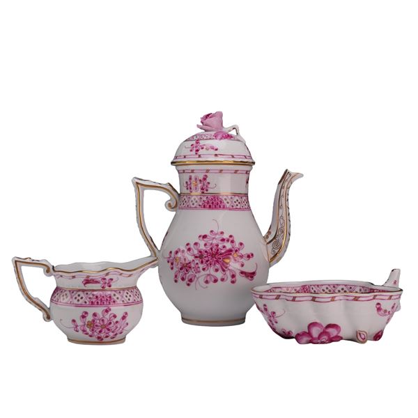 3pc Herend Porcelain Chinese Bouquet Raspberry Pattern Teapot, Sugar Jar, and Creamer
