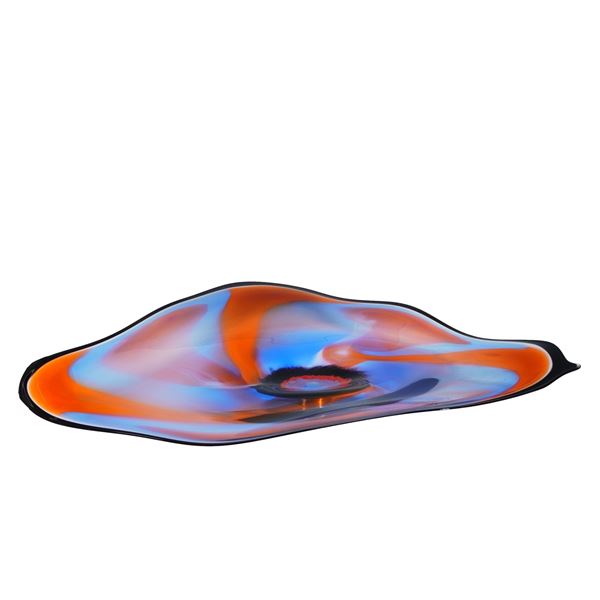 Ross Neder (American, 20th/21st c.) Large Solo Offhand Blown Jeweltone Glass Wall Platter Sculpture,