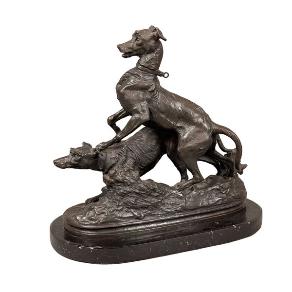 Pierre Jules Mene (French, 1810-1879) Patinated Bronze Sculpture of Two Hunting Dogs