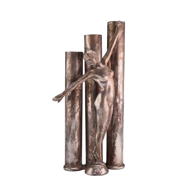 A.C. Rehberger Art Deco Silvered Metal Triple Bud Vase Sculpture