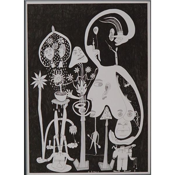 A. Sullberg Surrealist Pen and Ink Drawing, Botanical Fantasy
