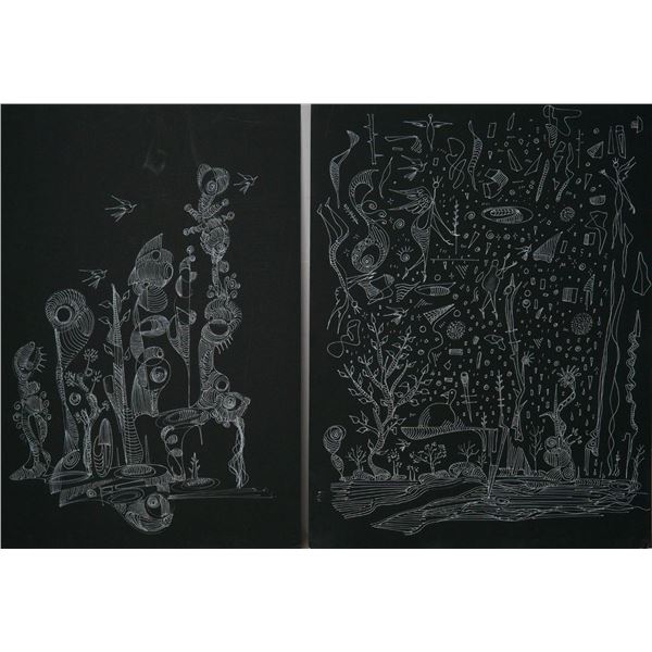 2pc Alfonso Rendon aka Masplata (Panamanian, 1957 - 2025), White pen on black board, Figuras