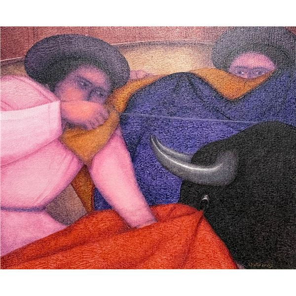 Ernesto Gutierrez (Peruvian, b. 1941), Oil on Jute, The Bullfight