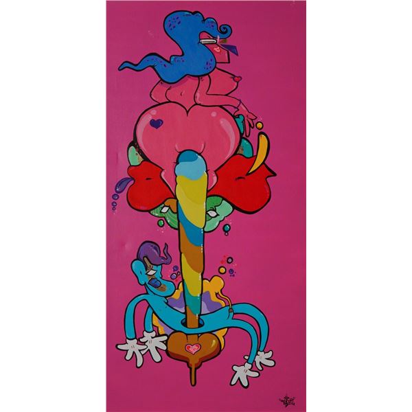 Rare 2009 Urban Pop Surrealism / NSFW Cartoon Erotica Mixed Media on Canvas, Prosperidad