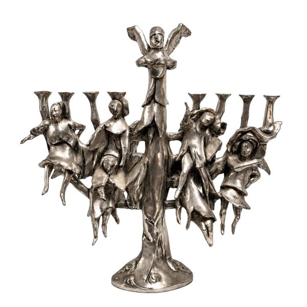 David Aronson Limited Edition Silver Plated Copper Hanukkah Lamp, Angels of Light