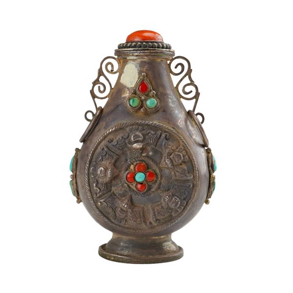 Mongolian Silver Repousse Snuff Bottle, Five Bats, Flower, Scrolling Form Handles