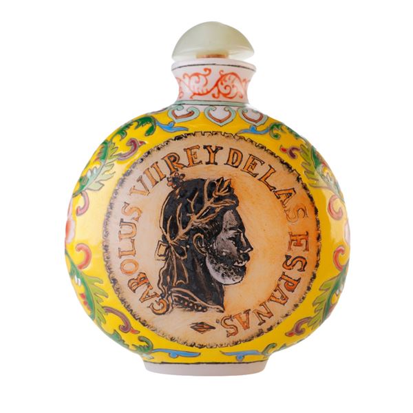 Enamel on Glass Snuff Bottle, Spanish Coin Design